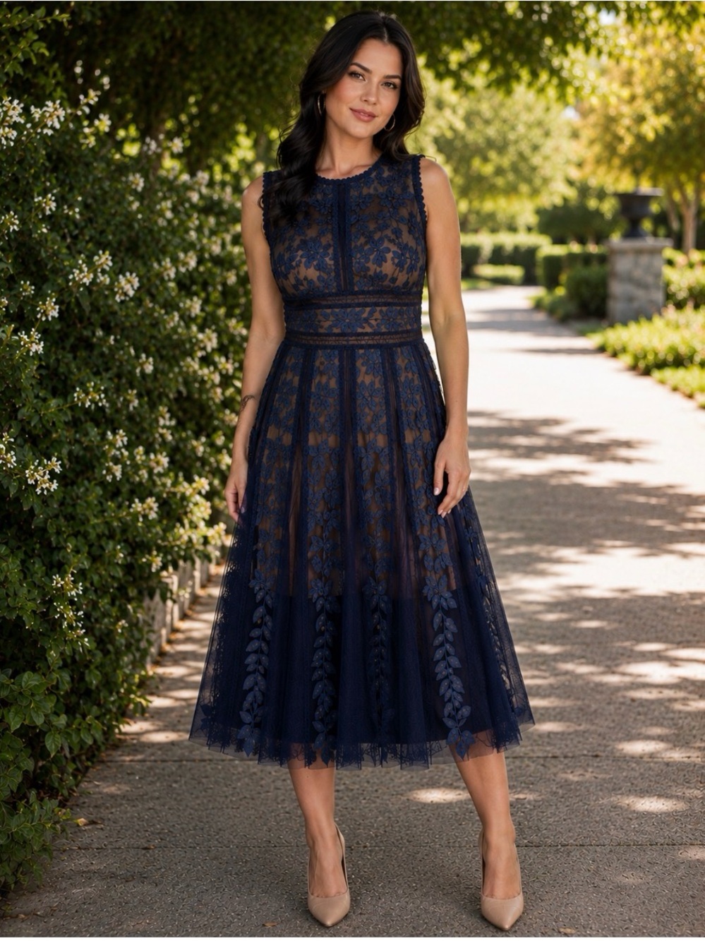Bronx and Banco Navy Lace Fit-and-Flare Midi Dress